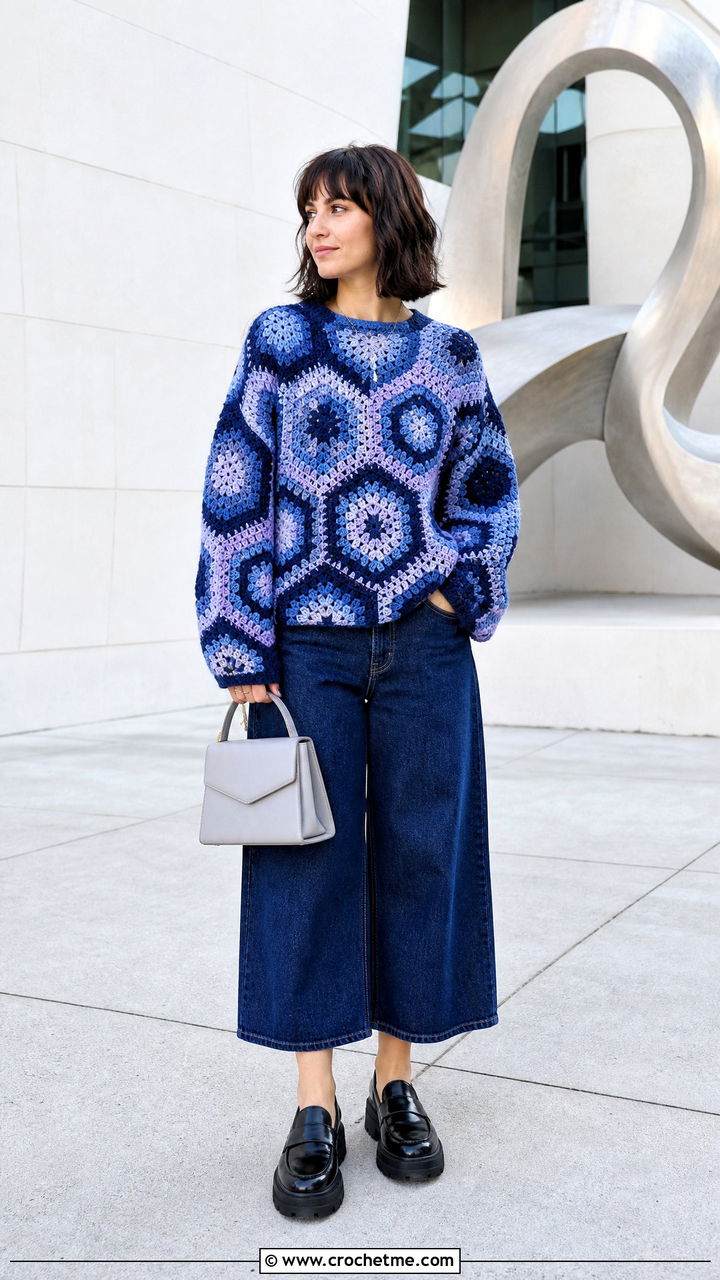 Hexagon Motif Oversized Crochet Sweater With Denim Culottes - 35 oversized crochet sweater outfit ideas