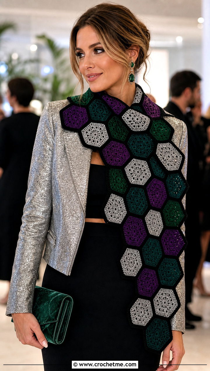 Hexagon Motif Slytherin Crochet Scarf With Metallic Jacket - 30 slytherin crochet scarf outfit ideas