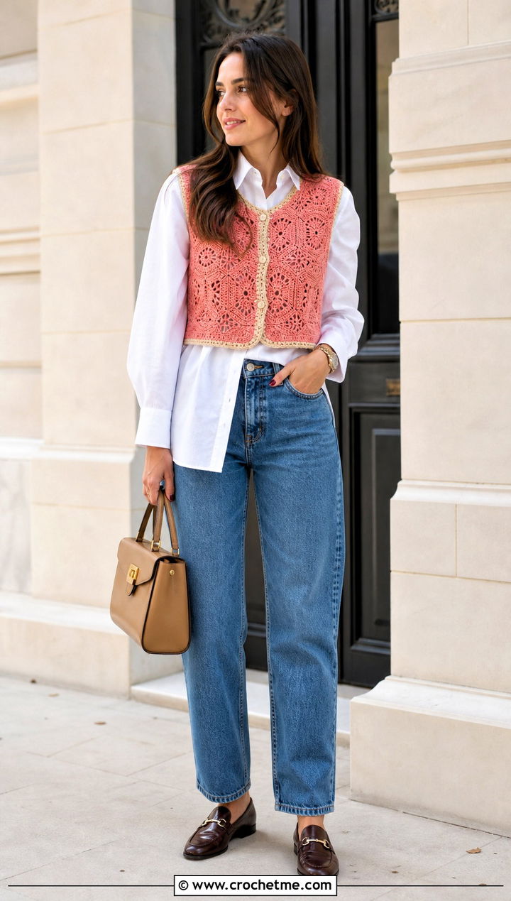 Hexagon Motif Vest Top With White Shirt And Jeans - 30 Crochet Top With Holes outfit ideas