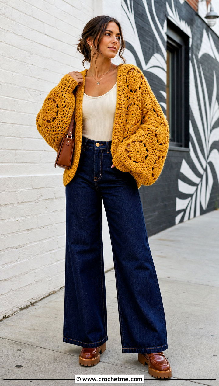 Hexagon Oversized Chunky Crochet Cardigan With Wide Leg Jeans - 25 oversized chunky crochet cardigan outfit ideas