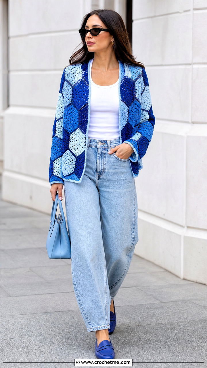 Hexagon Patchwork Cardigan With Barrel Jeans - 35 crochet patchwork cardigan outfit ideas