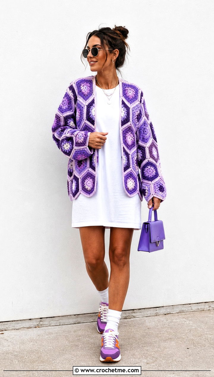 Hexagon Patchwork Cardigan With a White T Shirt Dress - 30 crochet patch work cardigan outfit ideas