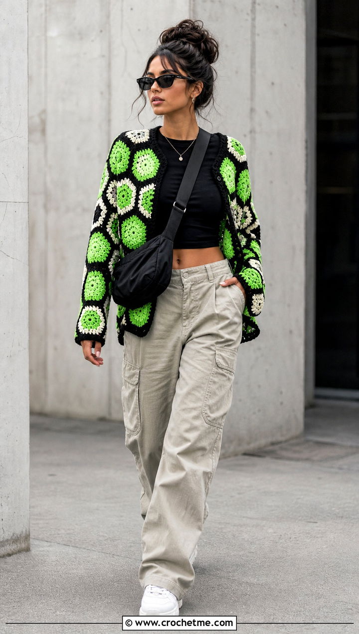 Hexagon Patchwork Crochet Cardigan With Cargo Pants - 15 Crochet Womens Cardigan Sweater outfit ideas