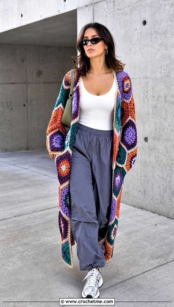 Hexagon Patchwork Crochet Duster With Parachute Pants - 30 crochet long cardigan sweater coats outfit ideas