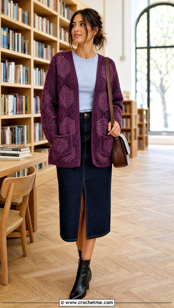Hexagon Pocket Crochet Cardigan With Denim Midi Skirt - 25 crochet sweater with pockets outfit ideas