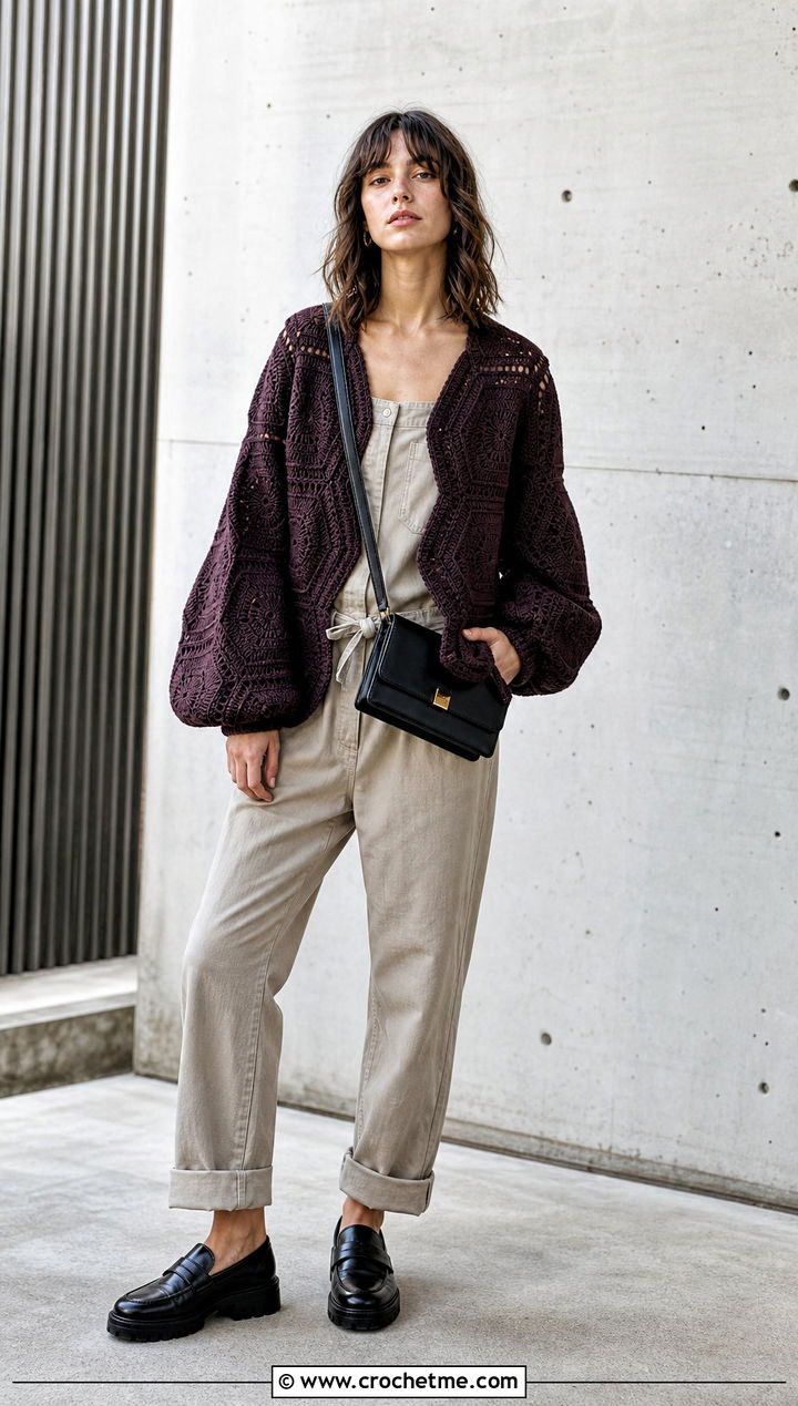 Hexagon Puff Sleeve Crochet Cardigan With Utility Jumpsuit - 25 Puff Sleeve Crochet Cardigan outfit ideas