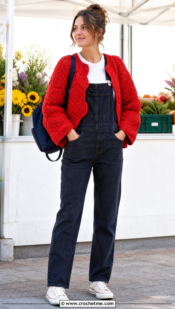Hexagon Puffy Crochet Cardigan With Denim Overalls - 30 puffy crochet cardigan outfit ideas