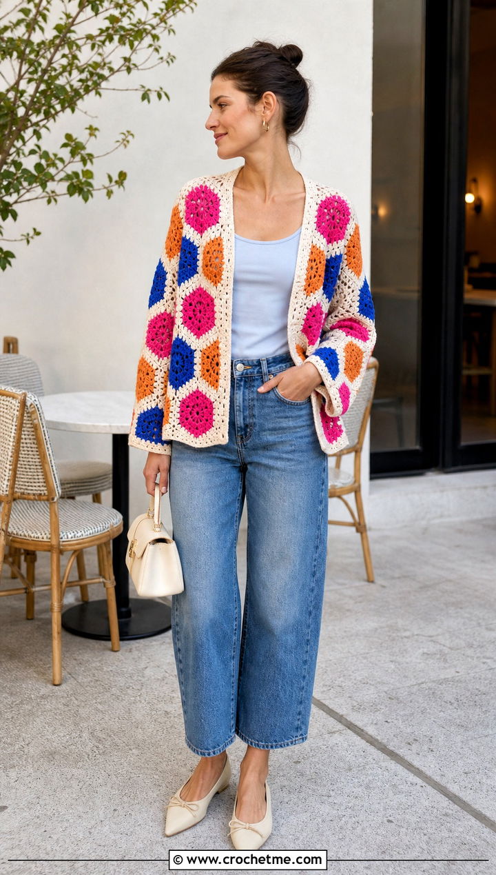 Hexagon Scrap Cardigan With Barrel Jeans - 15 Crochet Scrap Cardigan outfit ideas