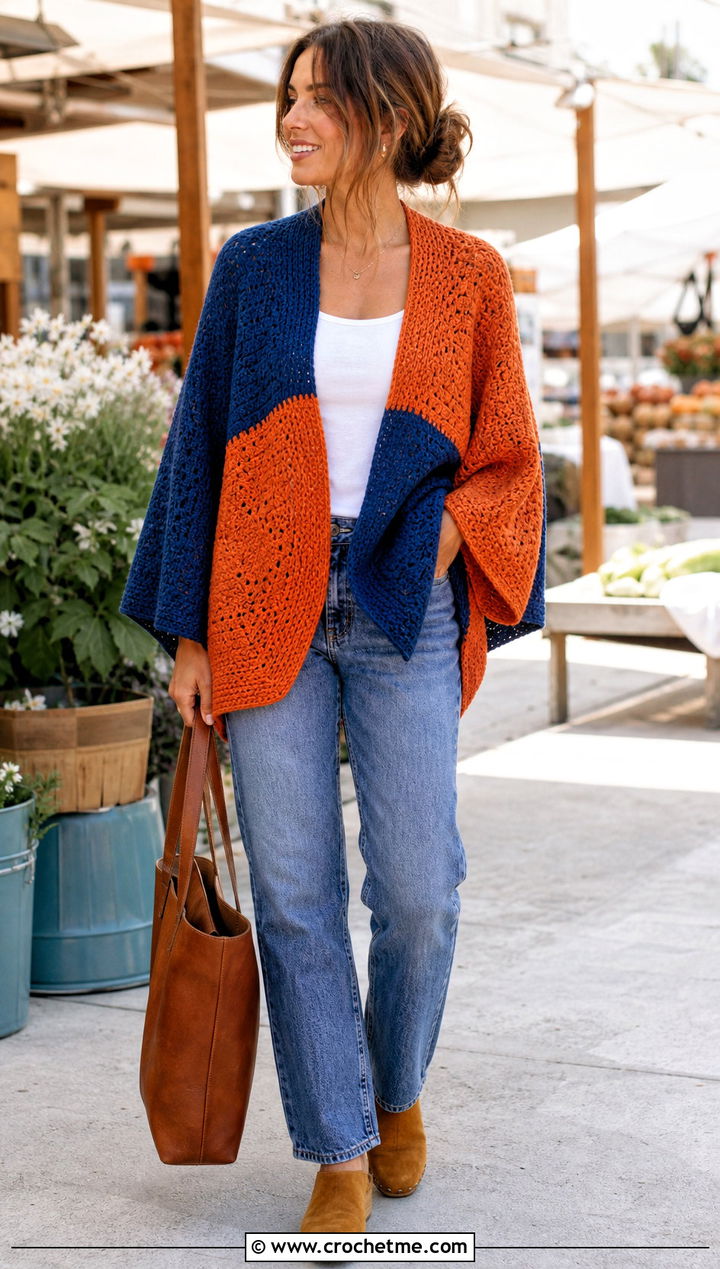 Hexagon Split Color Crochet Cardigan With Straight Leg Jeans - 15 Split Color Crochet Cardigan outfit ideas