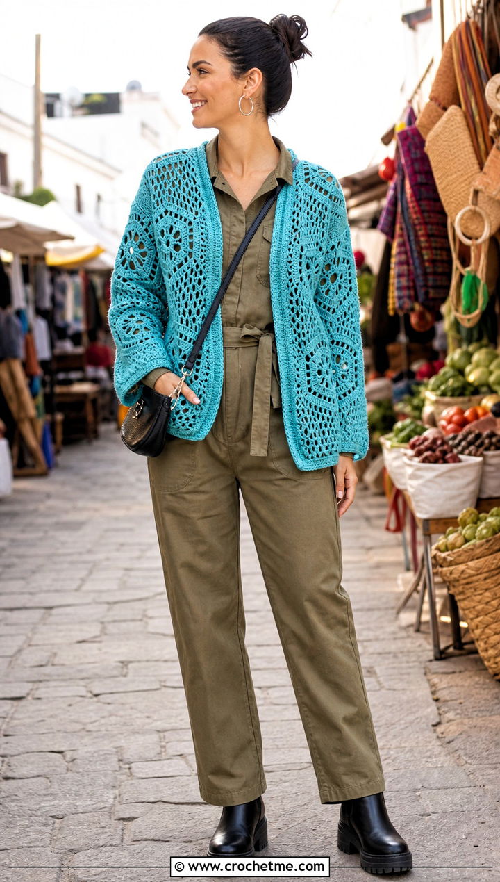 Hexagon Sport Weight Crochet Cardigan With Utility Jumpsuit - 15 Sport Weight Crochet Cardigan outfit ideas