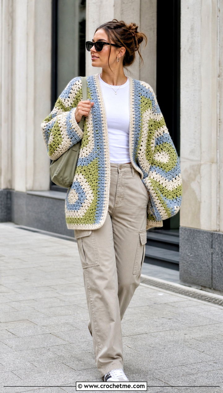 Hexagon Stripe Crochet Cardigan With Cargo Pants - 25 striped crochet cardigan outfit ideas