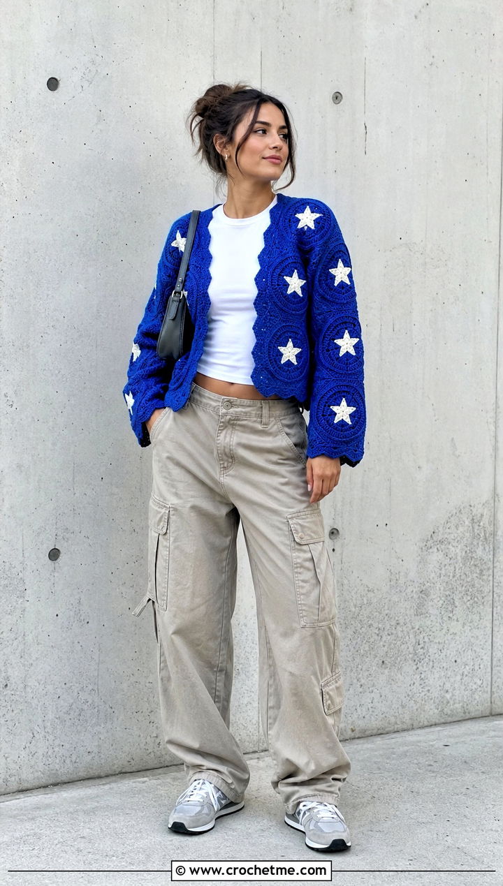 Hexagon Taylor Swift Crochet Cardigan With Cargo Pants - 35 crochet taylor swift cardigan outfit ideas