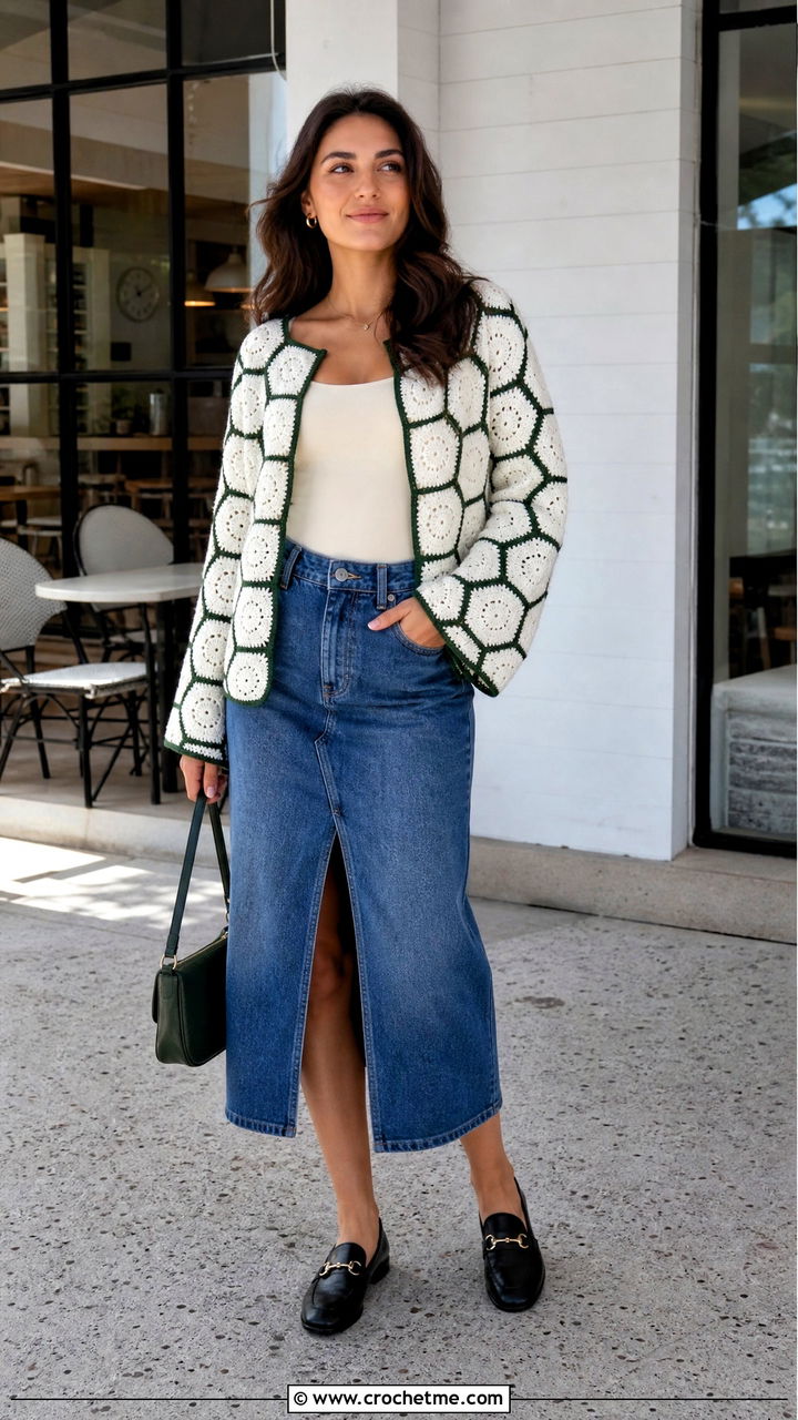 Hexagon White Crochet Cardigan With Denim Midi Skirt - 35 White Crochet Cardigan Outfit ideas