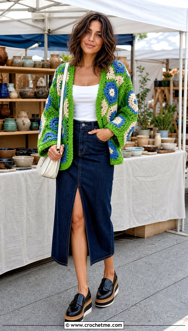 Hexagon Worsted Weight Crochet Cardigan With Denim Midi Skirt - 25 Worsted Weight Crochet Cardigan outfit ideas