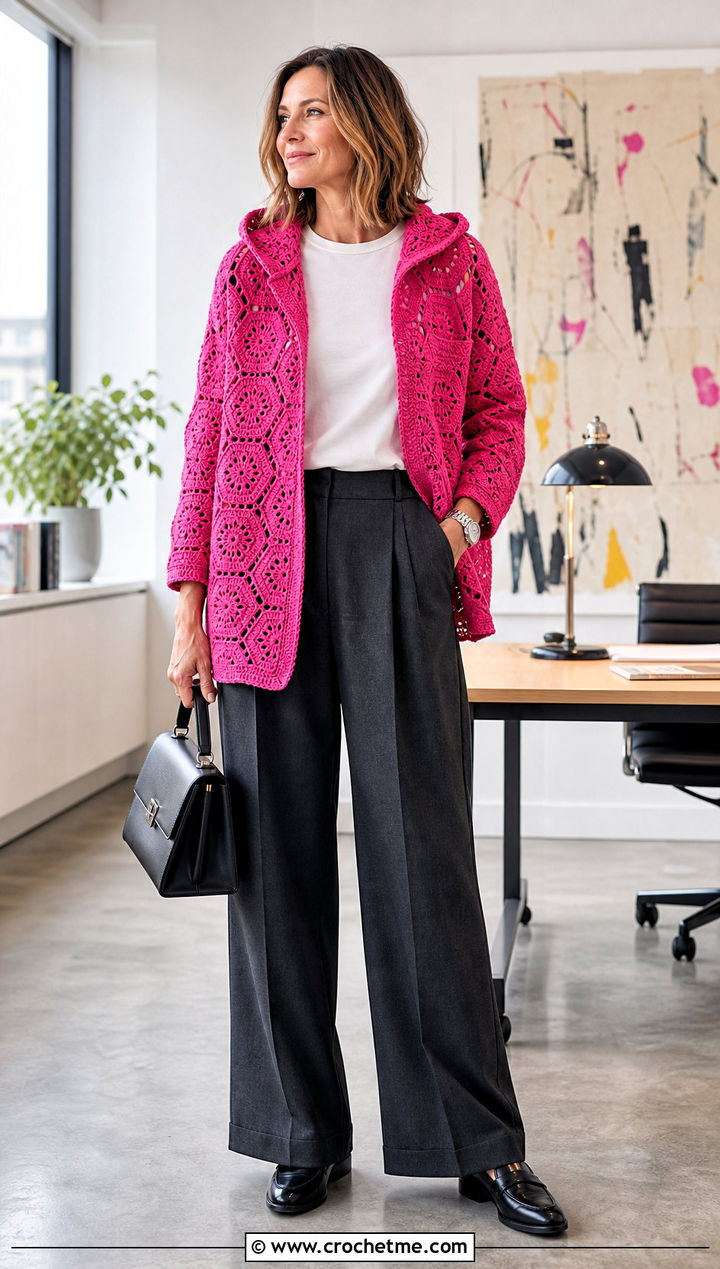 Hexi Crochet Cardigan Hoodie With Tailored Trousers - 20 hexi crochet hoodie outfit ideas