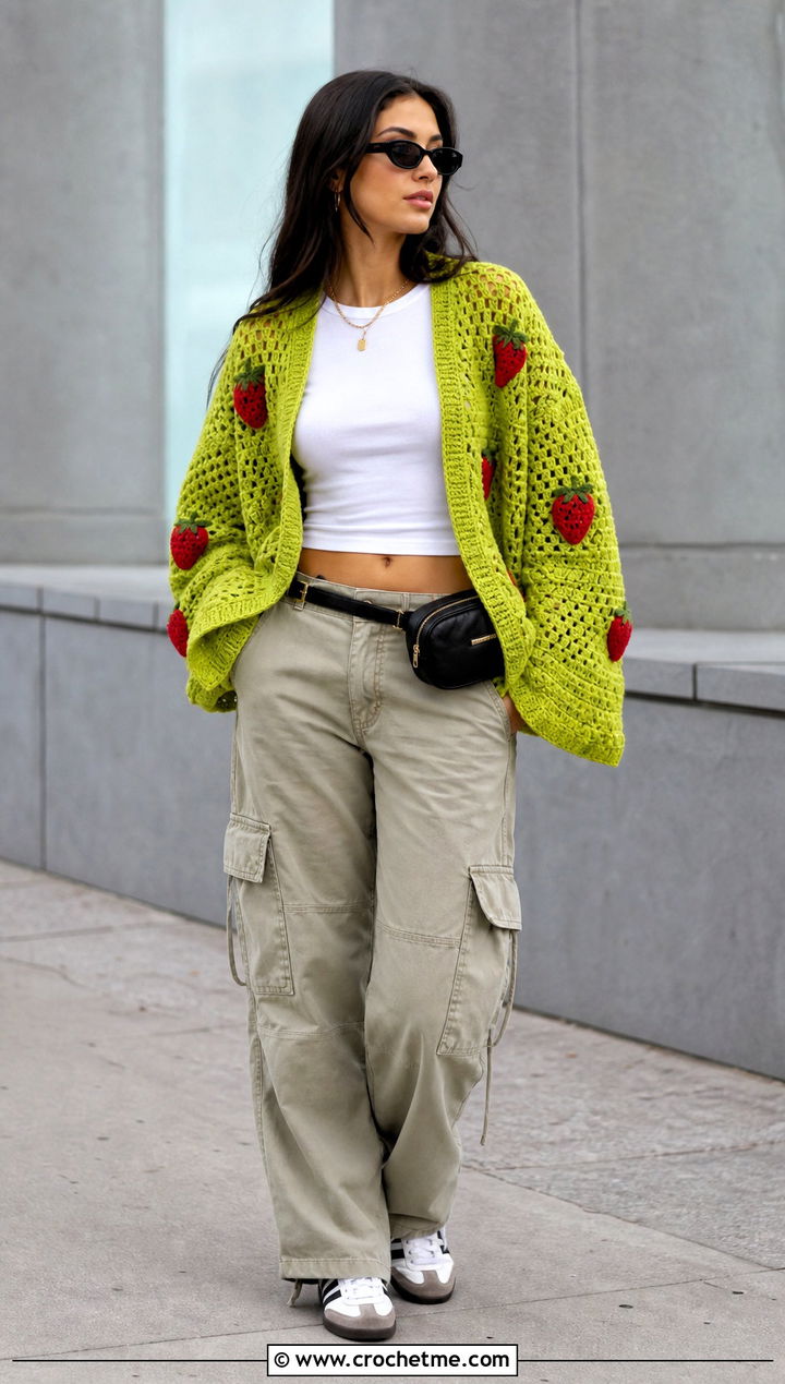 Hexi Strawberry Patch Cardigan With Cargo Pants - 35 crochet strawberry cardigan outfit ideas