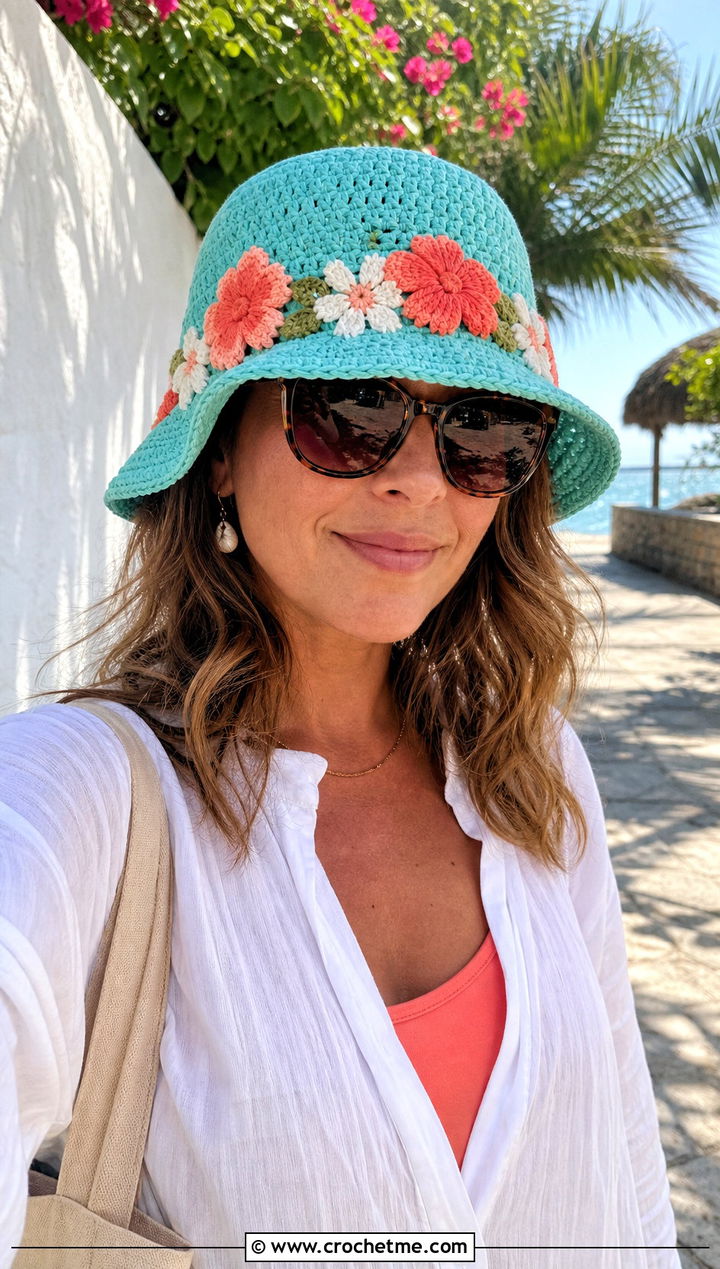 Hibiscus Crochet Bucket Hat With Beach Shirt And Shorts - 15 crochet bucket hat with floral outfit ideas