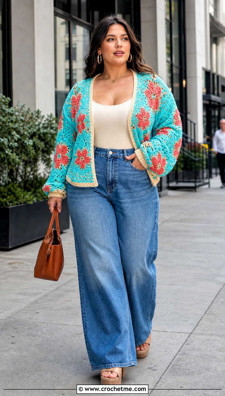 Hibiscus Flower Cardigan With Wide Leg Jeans - 30 crochet flowers cardigan outfit ideas