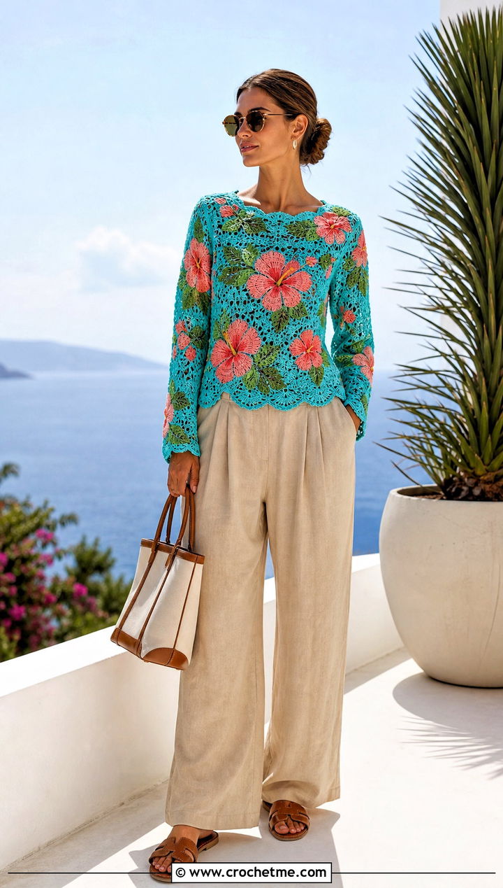 Hibiscus Motif Crochet Long Sleeve Top With Linen Trousers - 25 Crochet Flower Top Long Sleeve outfit ideas