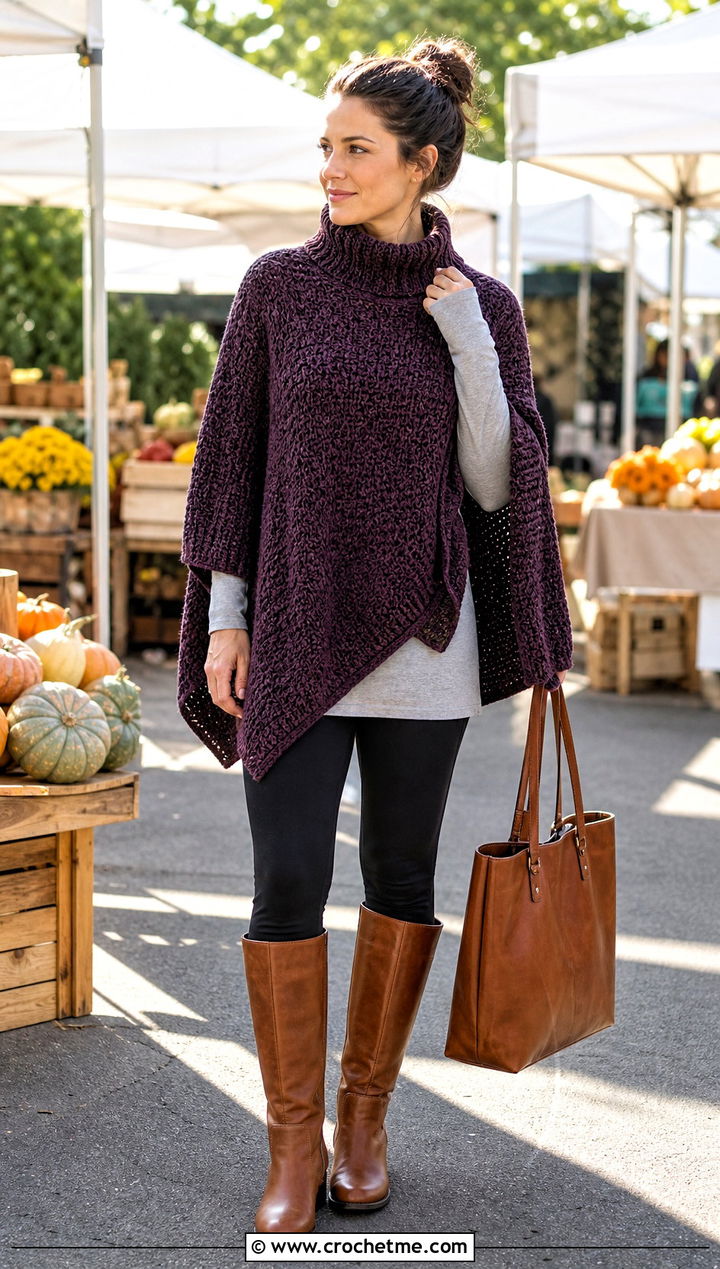 High Collar Crochet Poncho With Leggings And Riding Boots - 25 Crochet Poncho With Collar outfit ideas