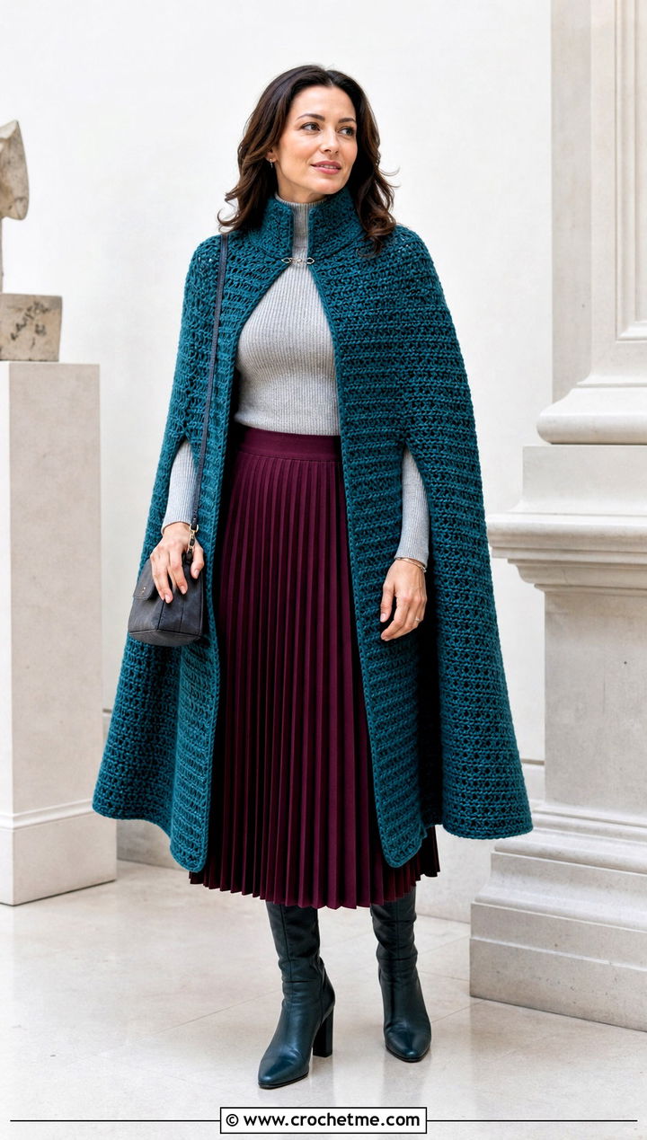 High Collar Crochet Super Hero Cape With Pleated Midi Skirt - 25 Crochet Super Hero Cape outfit ideas