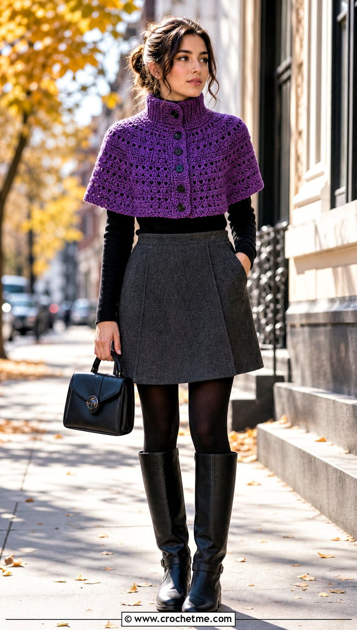 High Collar Crocheted Capelet With Mini Skirt And Boots - 25 Crocheted Capelet outfit ideas