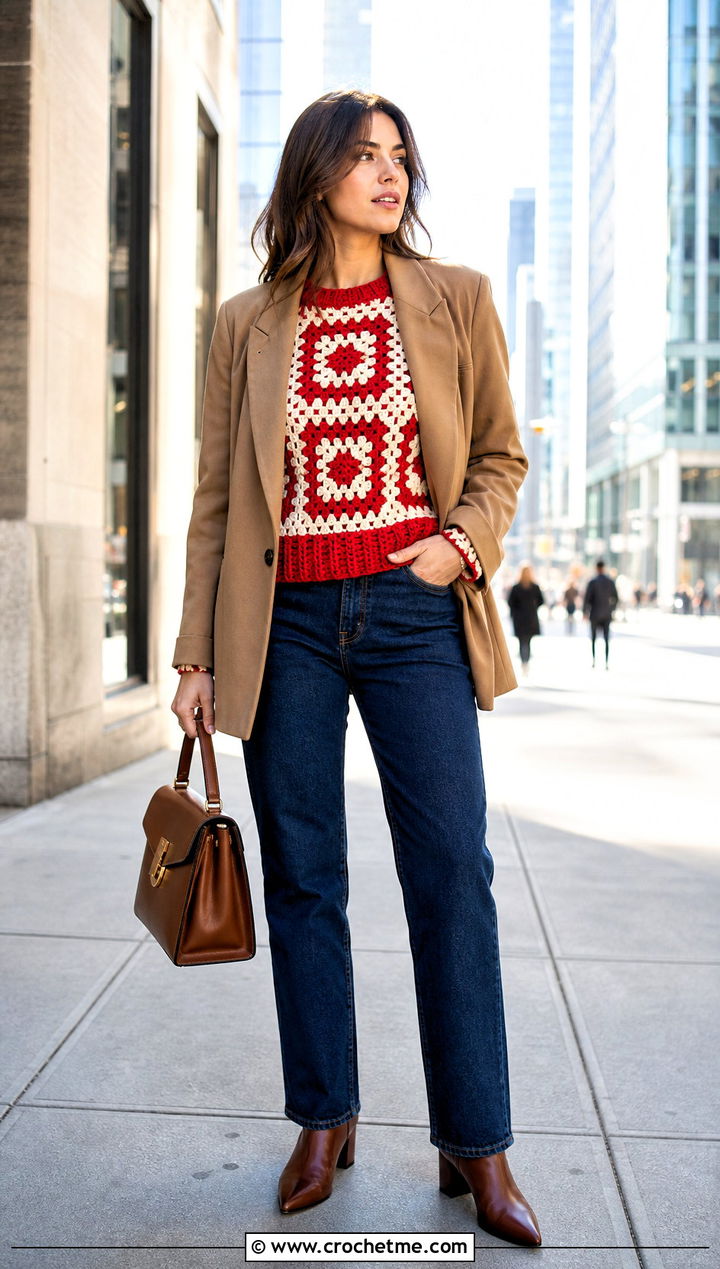 High Contrast Granny Square Pullover Sweater With Blazer And Jeans - 35 Granny Square Pullover Sweater outfit ideas