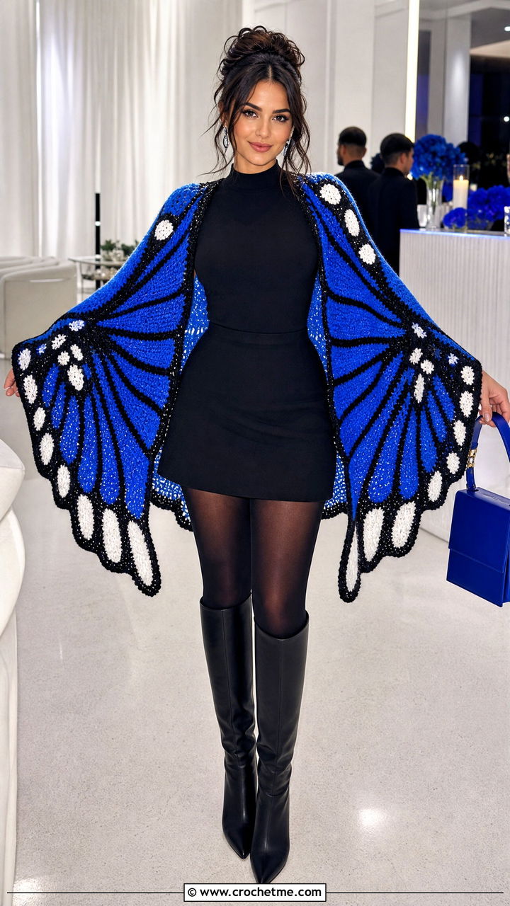 High Contrast Wing Crochet Butterfly Cardigan With Mini Skirt - 35 crochet butterfly cardigan outfit ideas