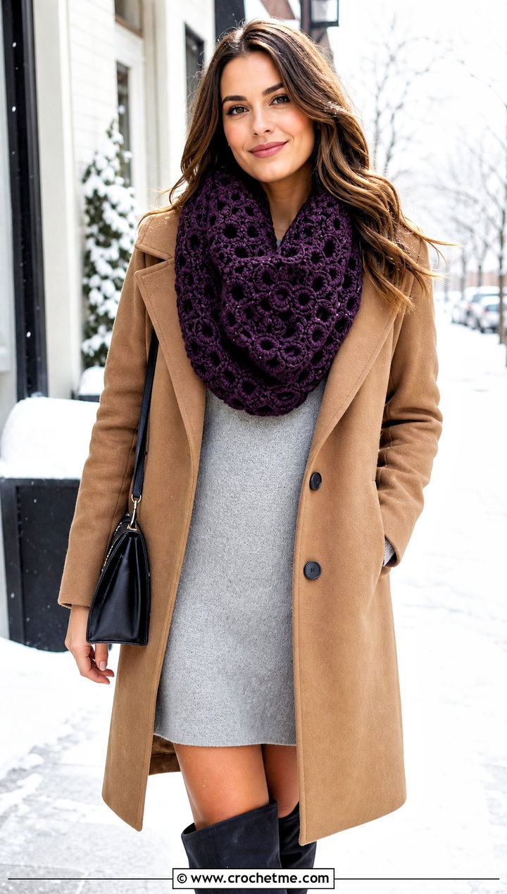 High Cowl Bellflower Infinity Crochet Scarf With Sweater Dress - 15 bellflower infinity crochet scarf outfit ideas