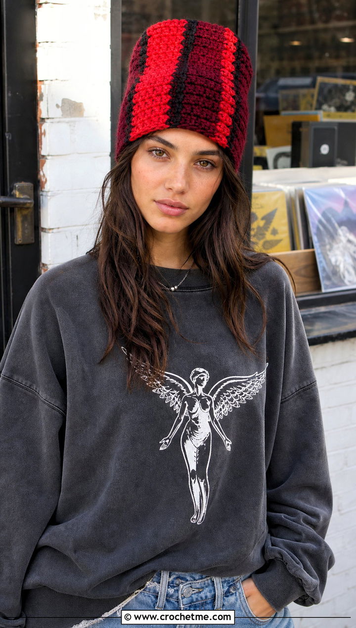 High Crown Clancy Crochet Beanie With Graphic Sweatshirt And Denim Skirt - 30 clancy beanie crochet outfit ideas
