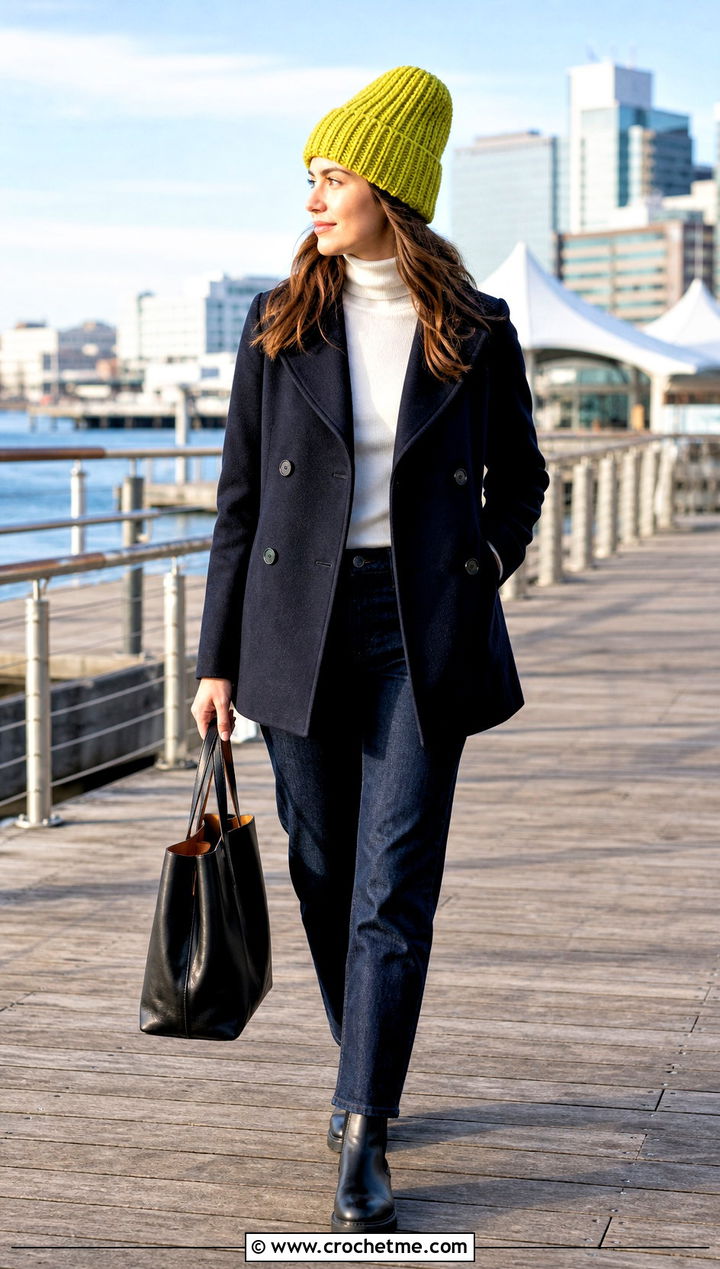 High Crown Crochet Ribbed Beanie With Peacoat And Straight Jeans - 35 crochet ribbed beanie outfit ideas