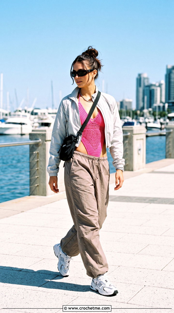 High Cut Crochet Monokini With Parachute Pants - 35 crochet swimwear outfit ideas