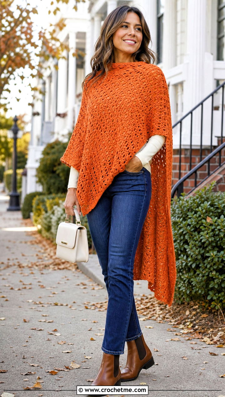 High Low Asymmetrical Crochet Poncho With Slim Jeans - 25 Asymmetrical Crochet Poncho outfit ideas