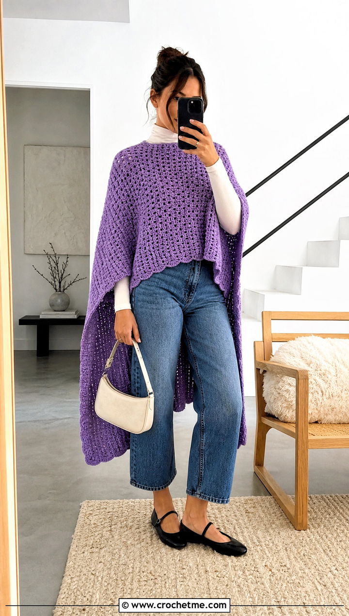 High Low Blanket Crochet Poncho With Barrel Jeans - 15 Blanket Crochet Poncho outfit ideas