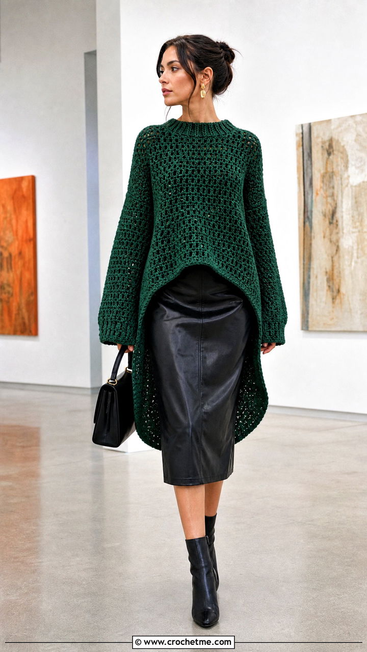 High Low Chunky Crochet Jumper With Faux Leather Midi Skirt - 35 chunky crochet jumper outfit ideas