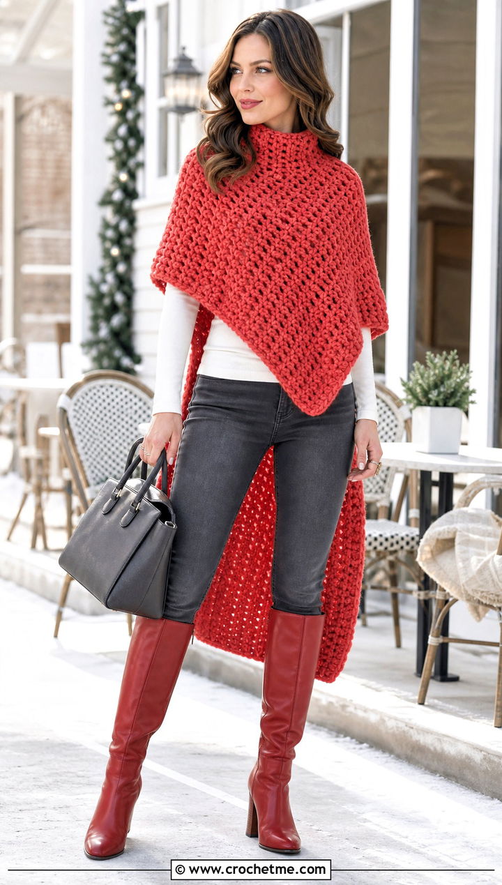 High Low Chunky Crochet Poncho With Skinny Jeans - 25 Chunky Yarn Crochet Poncho outfit ideas