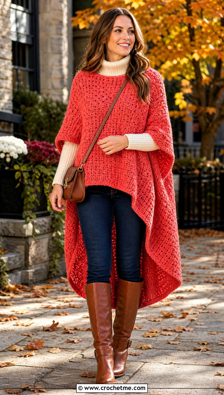 High Low Chunky Crochet Poncho With Skinny Jeans - 25 Chunky Crochet Poncho outfit ideas
