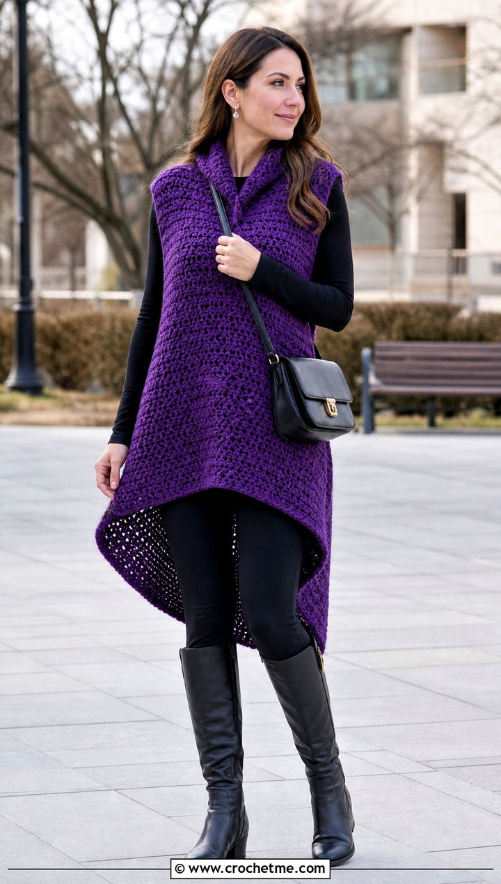 High Low Chunky Crochet Vest With Leggings - 30 crochet chunky vest outfit ideas