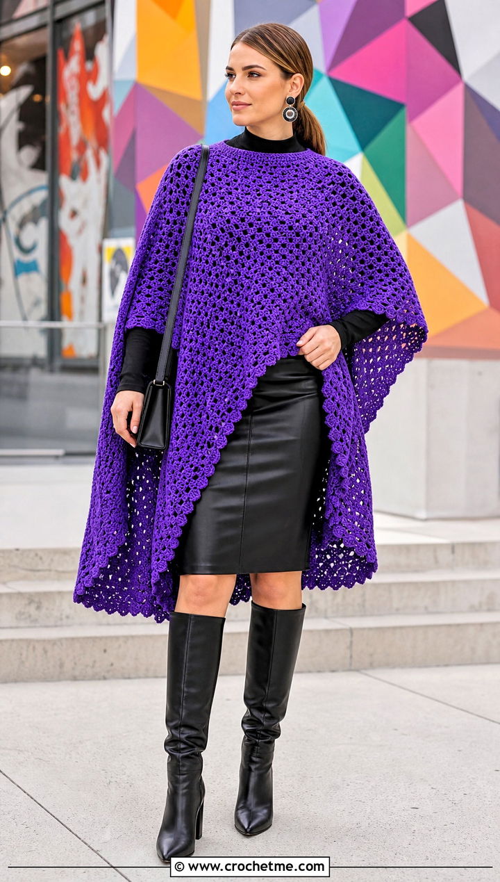 High Low Circle Poncho With Leather Pencil Skirt - 25 Crochet Circle Poncho outfit ideas