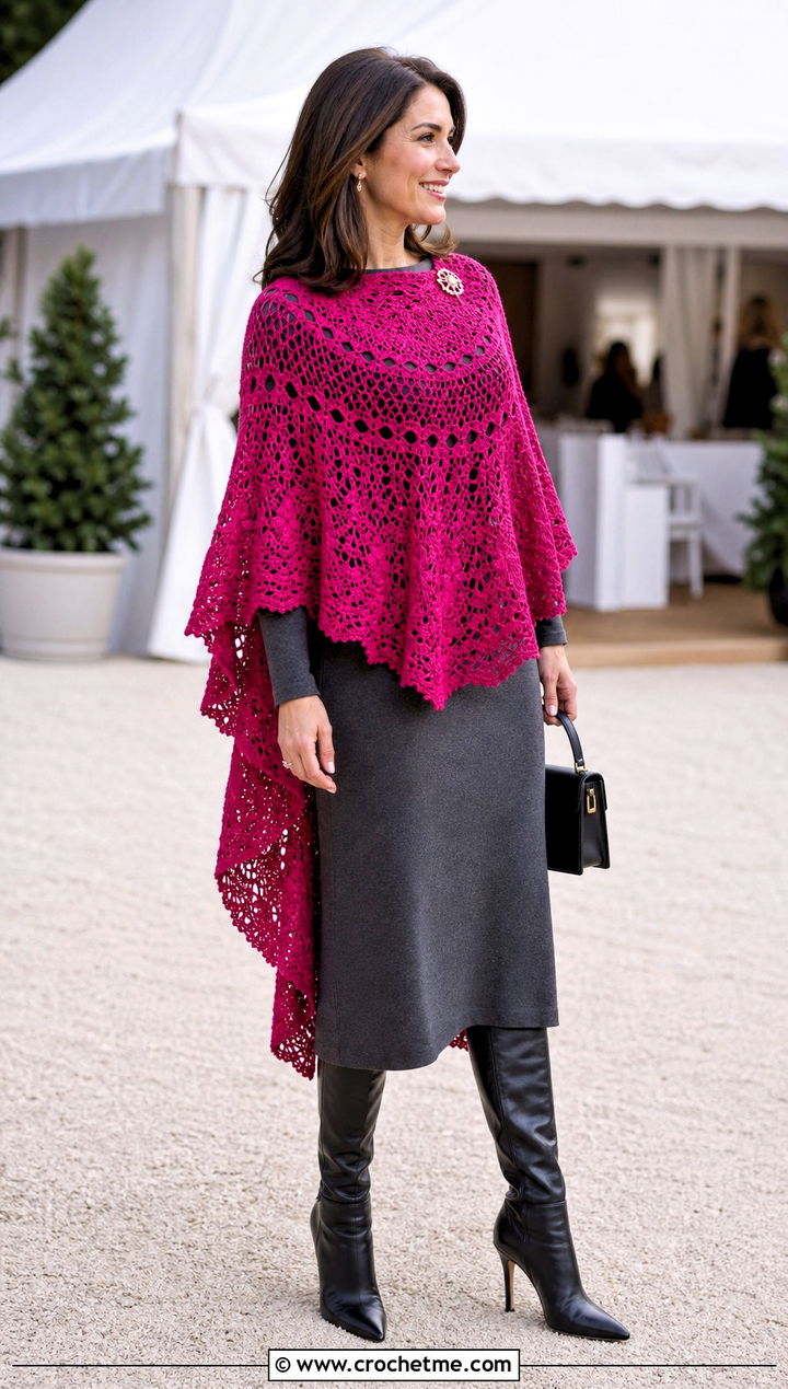 High Low Circular Poncho With Midi Dress - 25 Crochet Circular Poncho outfit ideas