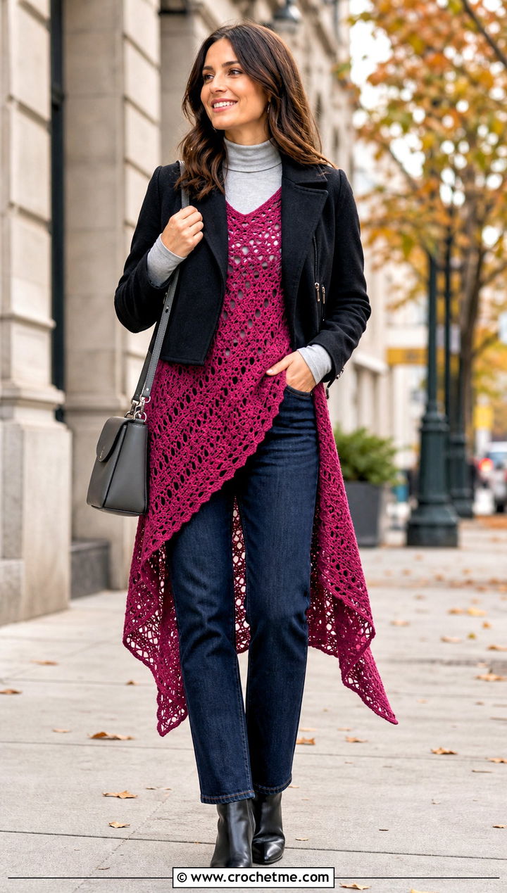 High Low Crochet Asymmetrical Top With Layered Fall Basics - 25 crochet assymetrical top outfit ideas