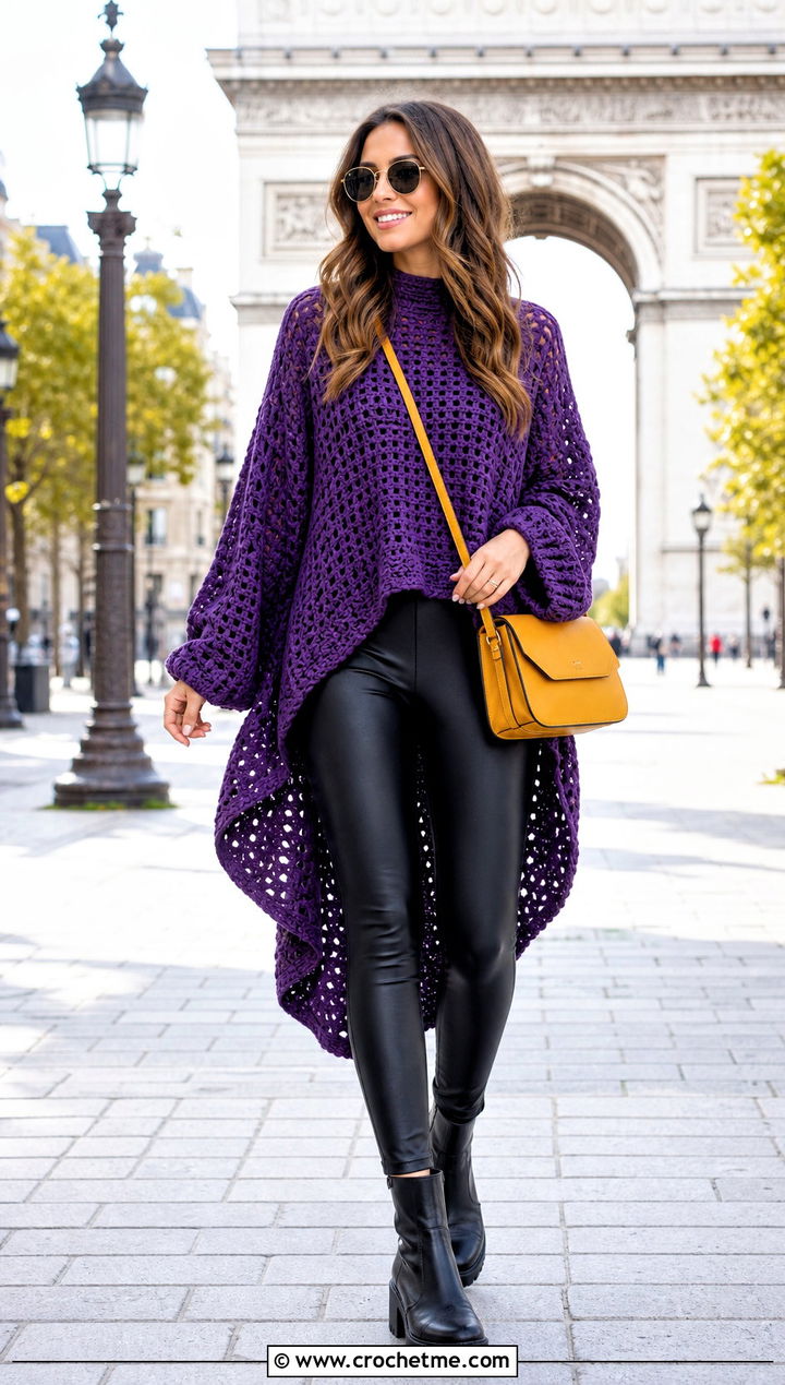 High Low Crochet Baggy Sweater With Faux Leather Leggings - 30 crochet baggy sweater outfit ideas