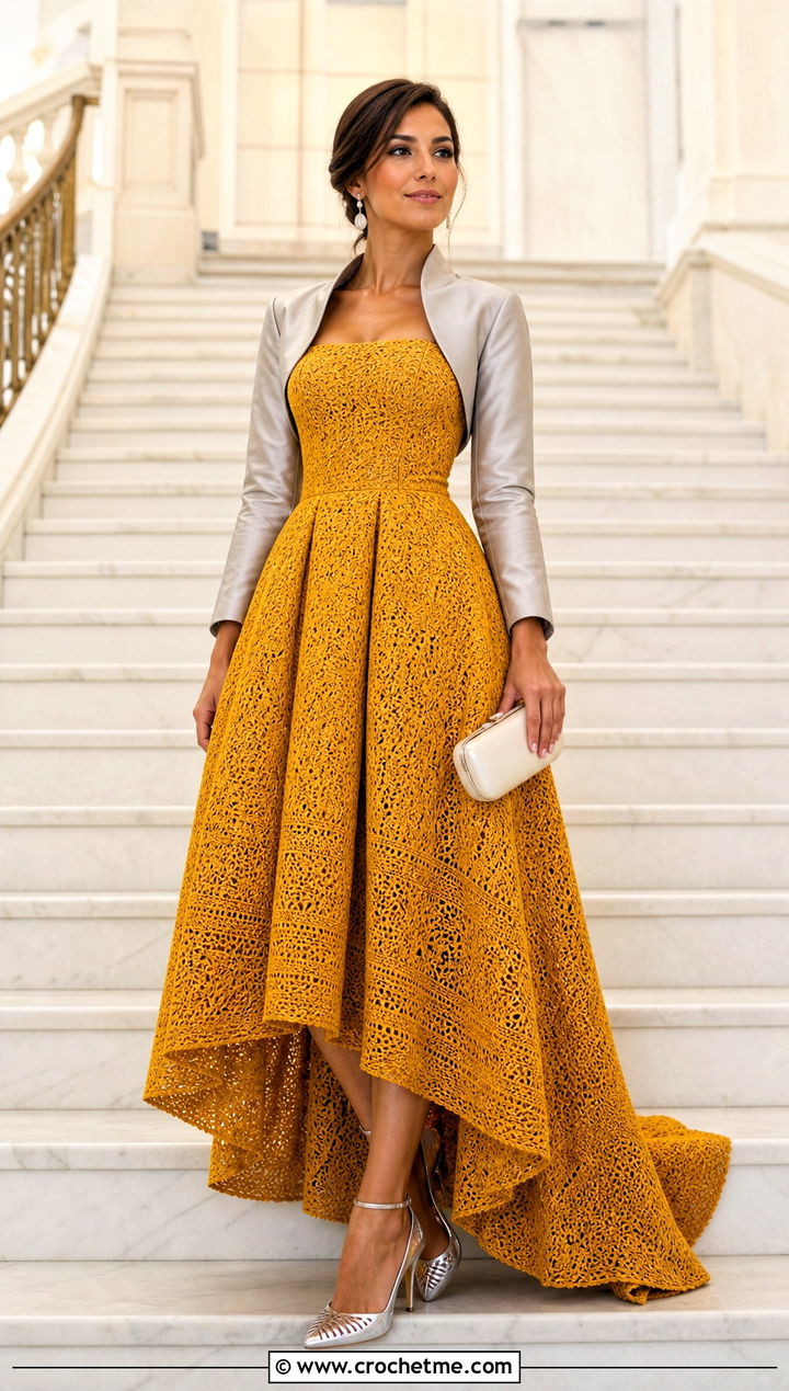 High Low Crochet Ball Gown With Statement Shoes - 20 Crochet Ball Gown outfit ideas