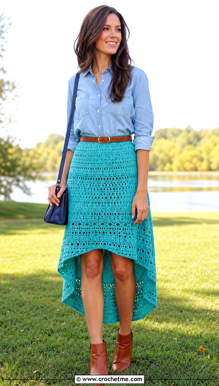 High Low Crochet Barbie Skirt With Denim Shirt - 25 Crochet Barbie Skirt outfit ideas
