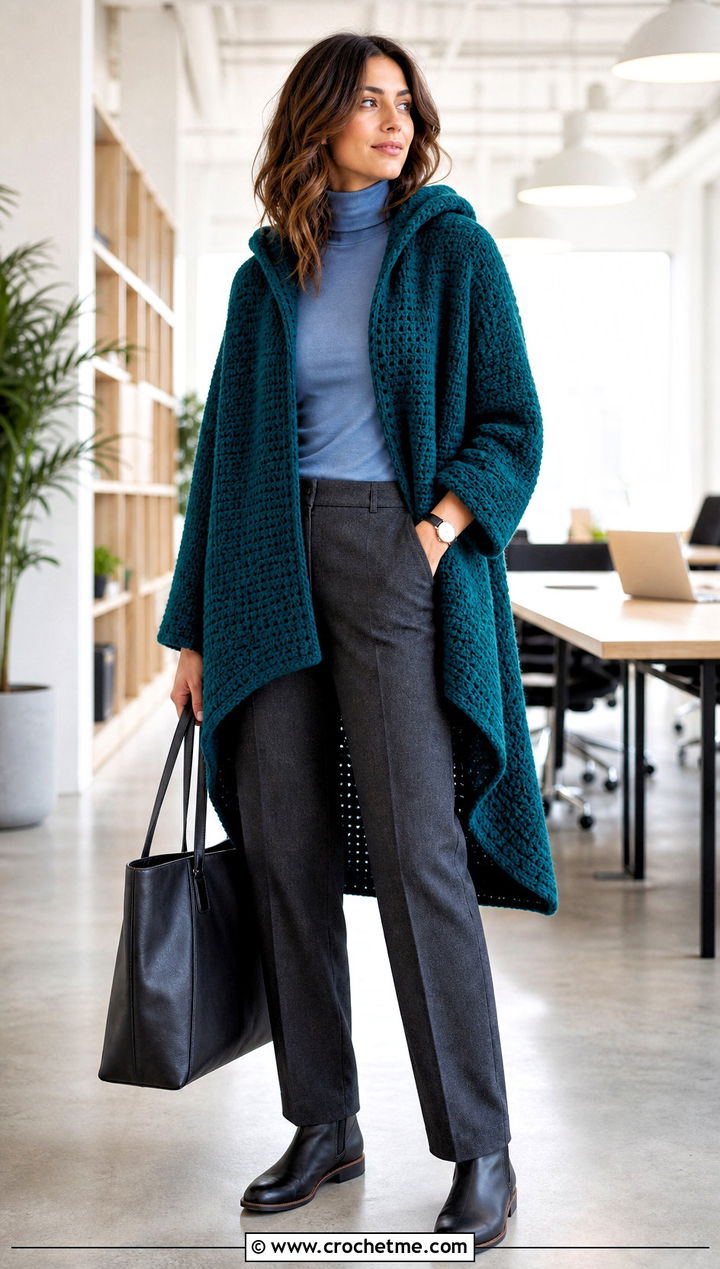 High Low Crochet Blanket Hoodie With Wool Trousers - 30 crochet blanket hoodie outfit ideas