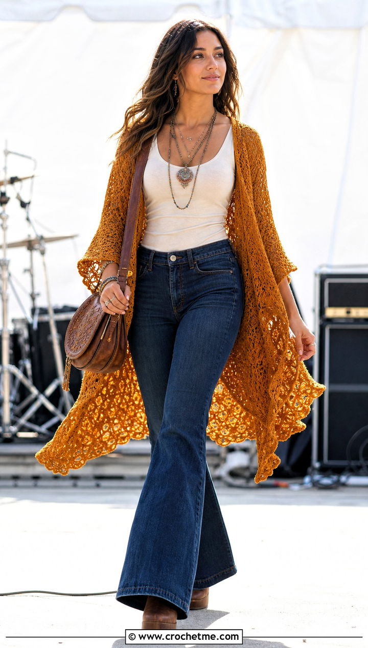 High Low Crochet Boho Poncho With Flared Jeans - 30 crochet boho poncho outfit ideas