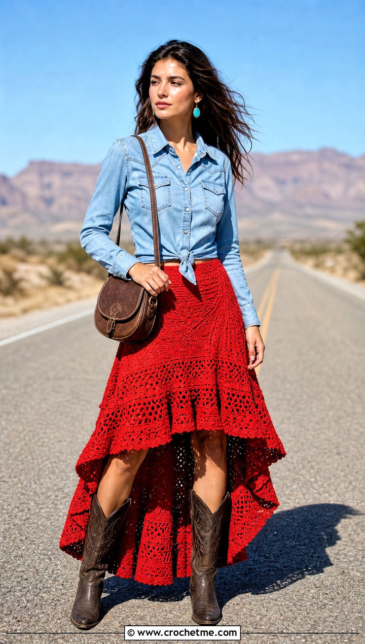 High Low Crochet Boho Skirt With Western Shirt - 25 crochet boho skirt outfit ideas