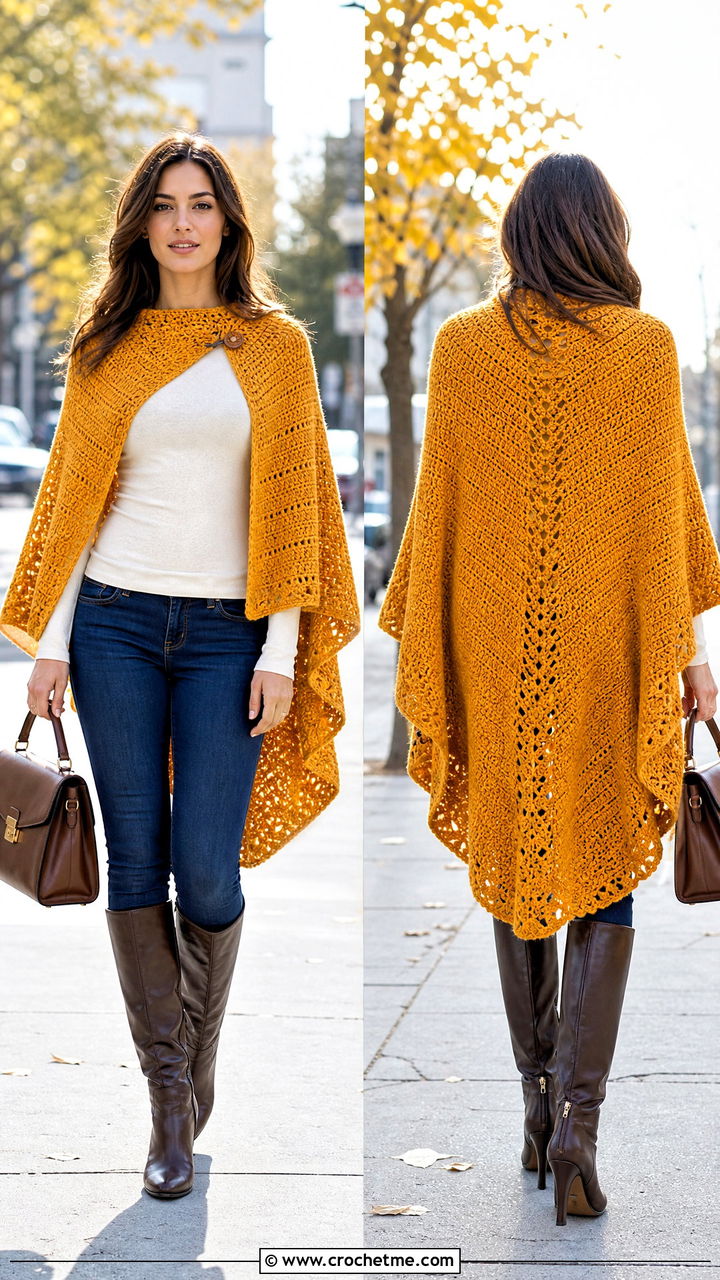 High Low Crochet Cape With Skinny Jeans - 35 crochet cape outfit ideas