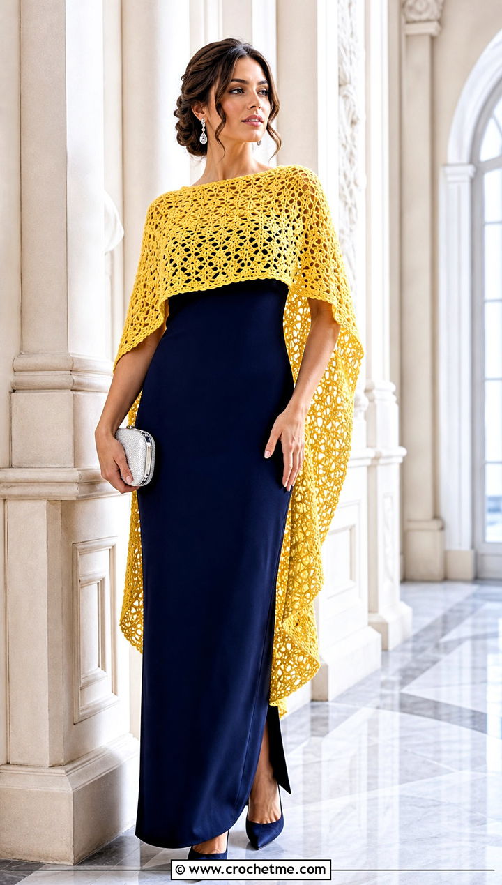 High Low Crochet Capelet Shawl With Column Dress - 30 crochet caplet shawl outfit ideas