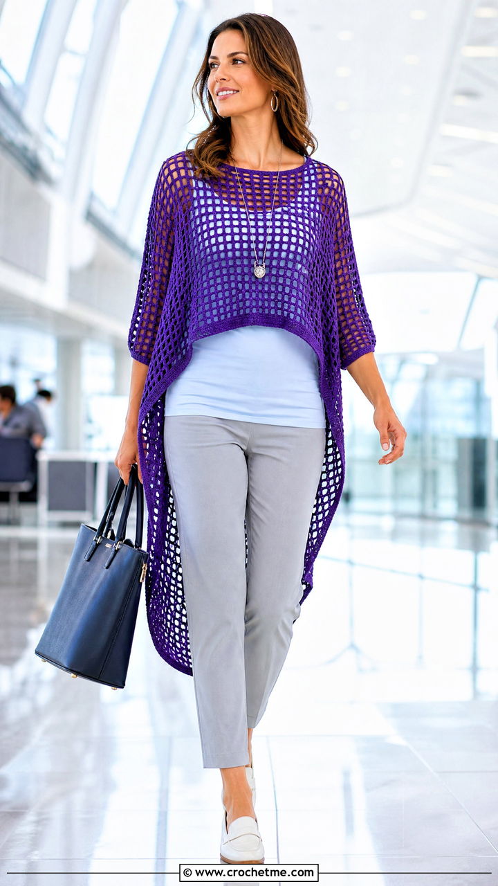 High Low Crochet Fishnet Tunic Top With Straight Pants - 35 crochet fishnet top outfit ideas